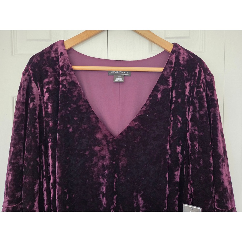 Jessica Howard Dress Crushed Velvet Bell Sleeve‎ Women 24W Plum NWT - Picture 2 of 7